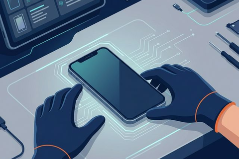 Technician holding a smartphone on a workshop bench with repair tools