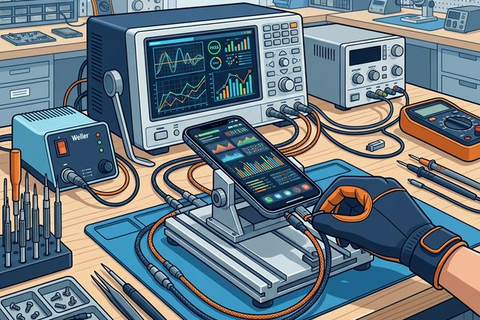 Quality testing equipment and oscilloscope on a repair workstation