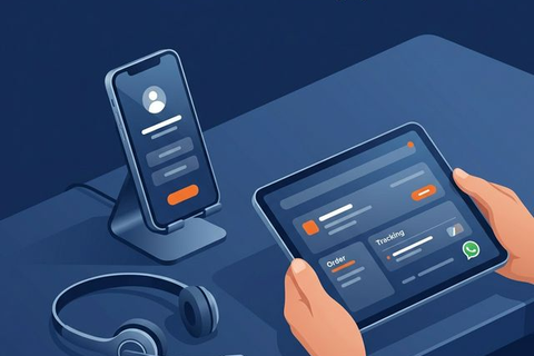 Support agent with tablet showing order tracking and headset